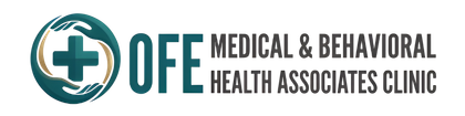 Logo for OFE Medical & Behavioral Health Associates Clinic; teal cross and swooshes, text on white background.