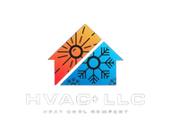 HVAC+ LLC logo: House split diagonally, sun/heat on left (orange), snowflake/cool on right (blue). "Heat Cool Comfort" below.