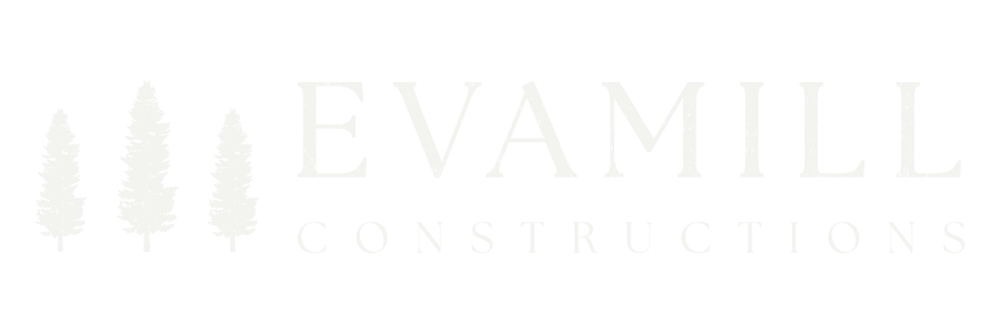 Logo for Evamill Constructions with text and tree icons in white.
