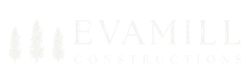 Logo for Evamill Constructions with text and tree icons in white.
