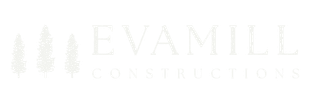 Logo for Evamill Constructions with text and tree icons in white.