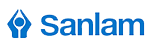 The logo for sanlam is blue and white and has a circle in the middle.