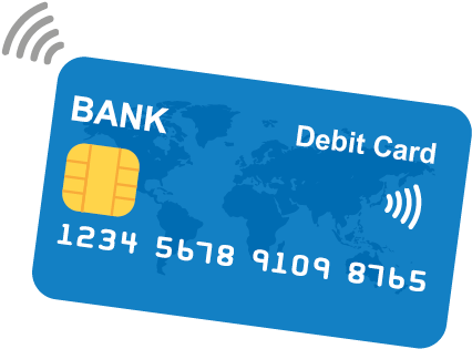 A blue bank debit card with a world map on it