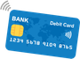 A blue bank debit card with a world map on it