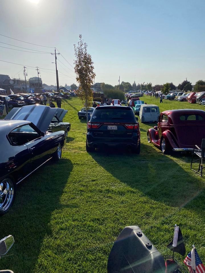 A lot of cars are parked in a grassy field.