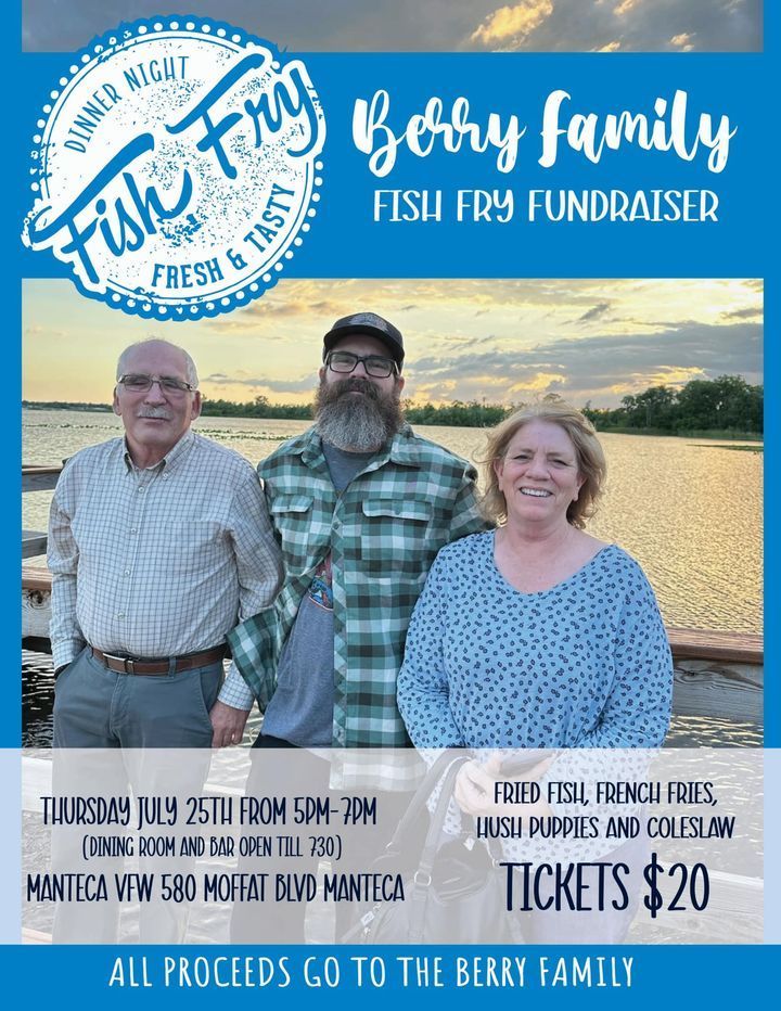 A poster for a fish fry fundraiser with three people standing next to each other.