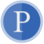The letter p is in a blue circle on a white background.