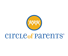 The logo for circle of parents is a yellow circle with three people in it.