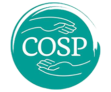 A logo for cosp with two hands holding each other in a circle.