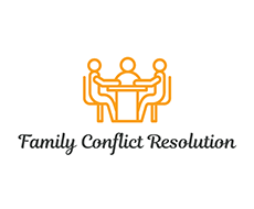 The logo for family conflict resolution shows a group of people sitting around a table.