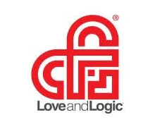 A red and white logo for love and logic on a white background.