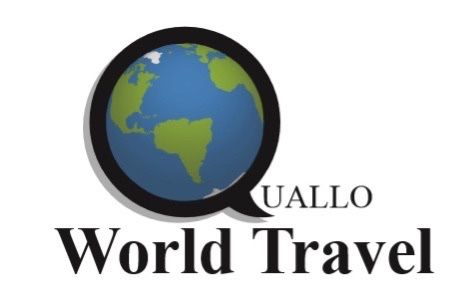 A logo for quallo world travel with a globe in the center