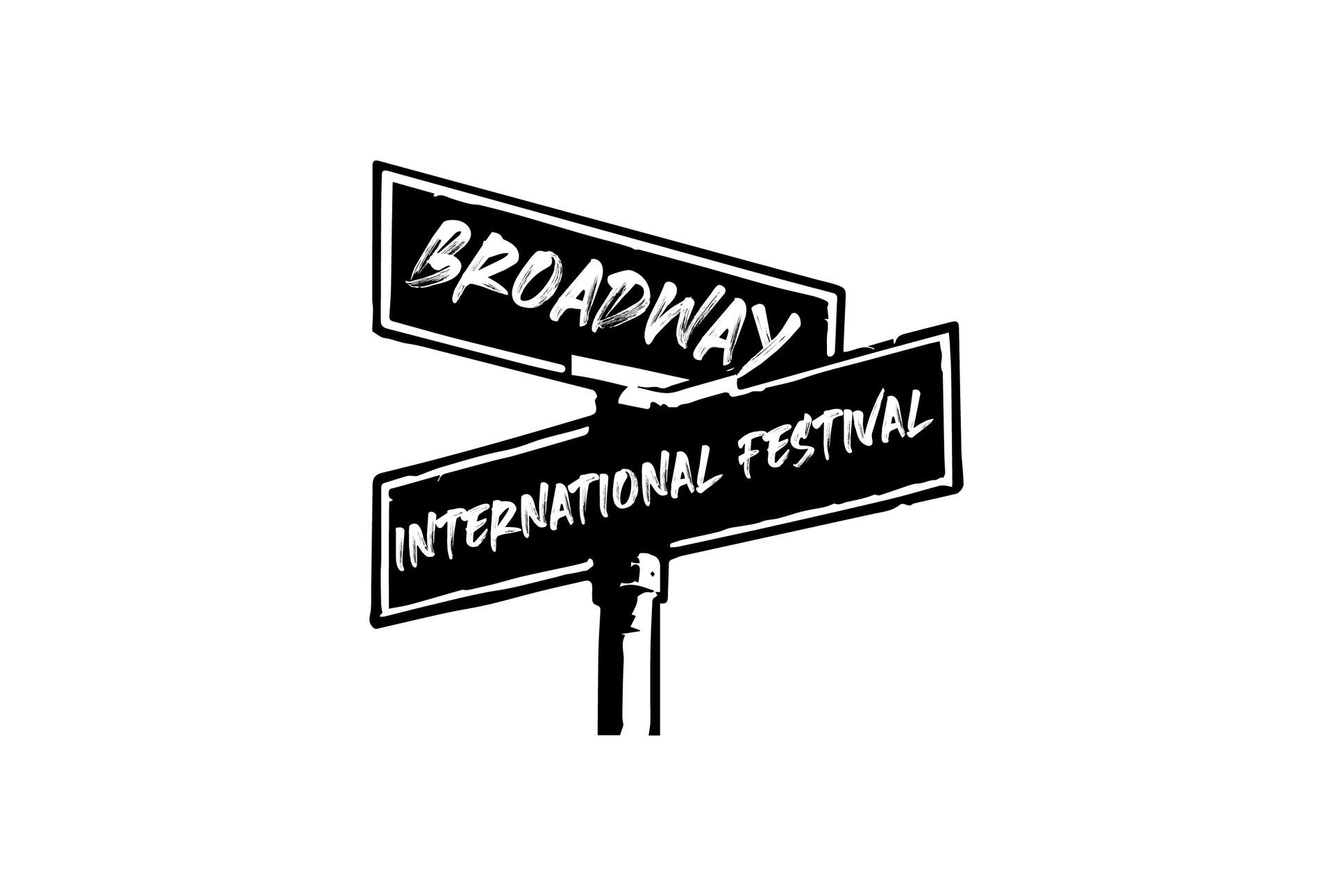 A black and white drawing of a street sign for broadway and international festival.