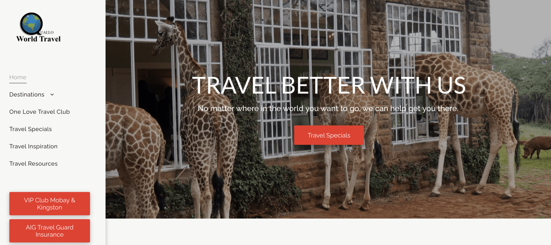 A screenshot of a website with giraffes standing in front of a building.