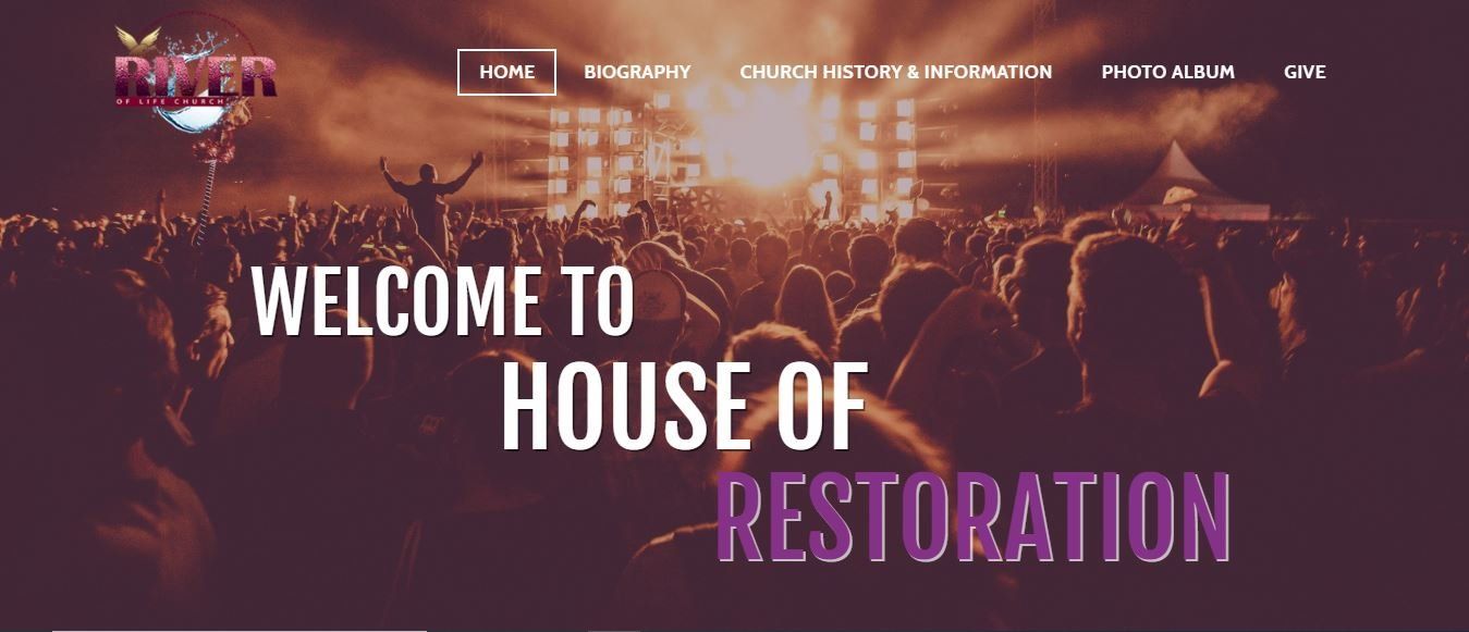 A welcome to house of restoration website shows a crowd of people at a concert.