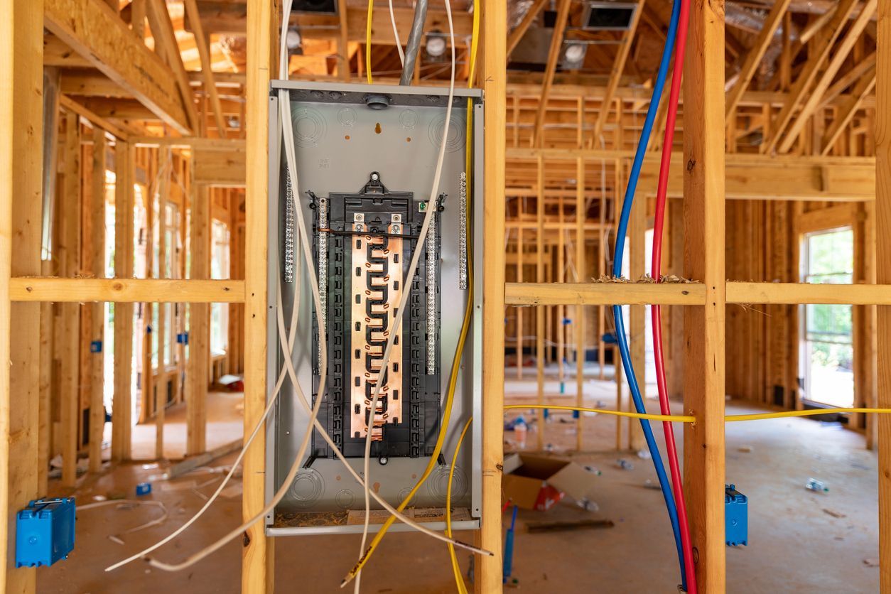 A house is being built with a lot of wires coming out of it.