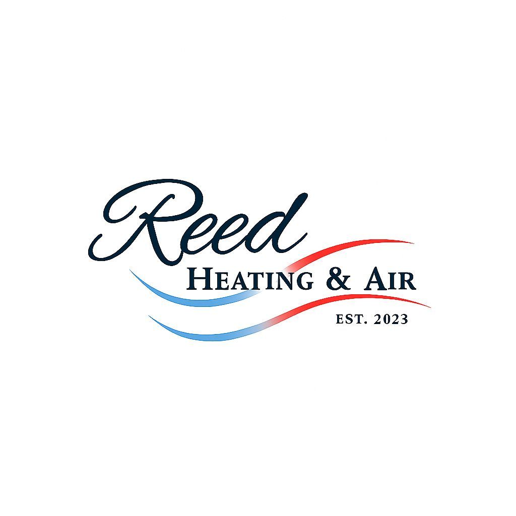 Logo for Reed Heating & Air, with dark blue cursive 
