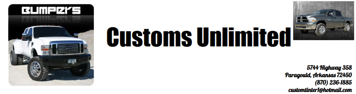 Business logo for Dumpy's Customs Unlimited, showing two trucks, the company name, address, phone number, and email.