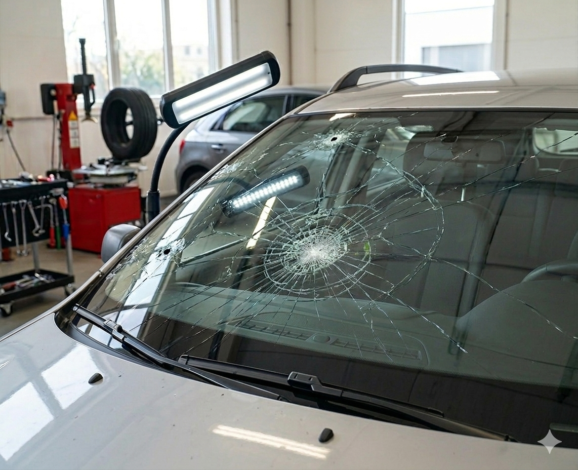 Parabrezza di un'auto in frantumi in un'officina.