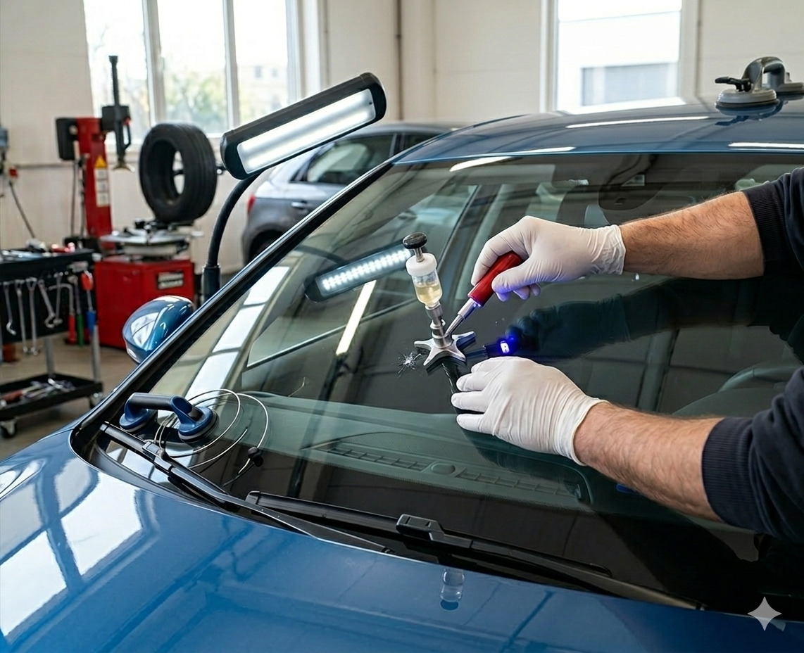 Meccanico ripara una crepa sul parabrezza con attrezzi specializzati in un'officina di riparazione auto.