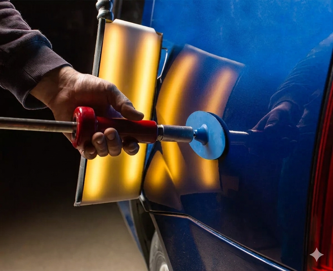 Persona che utilizza uno strumento per rimuovere le ammaccature da un'auto blu.