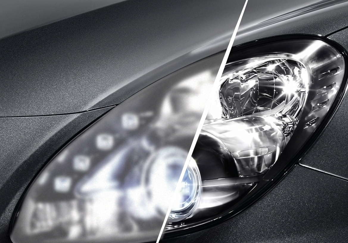 Faro anteriore prima e dopo il restauro: si vedono le sezioni chiare e opache di un'auto grigia.