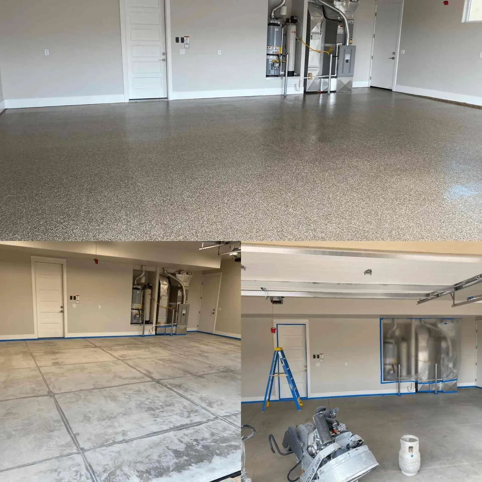 A collage of three pictures of a garage with a concrete floor.