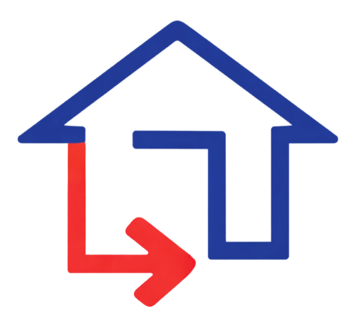 Blue house outline with red arrow pointing outward.