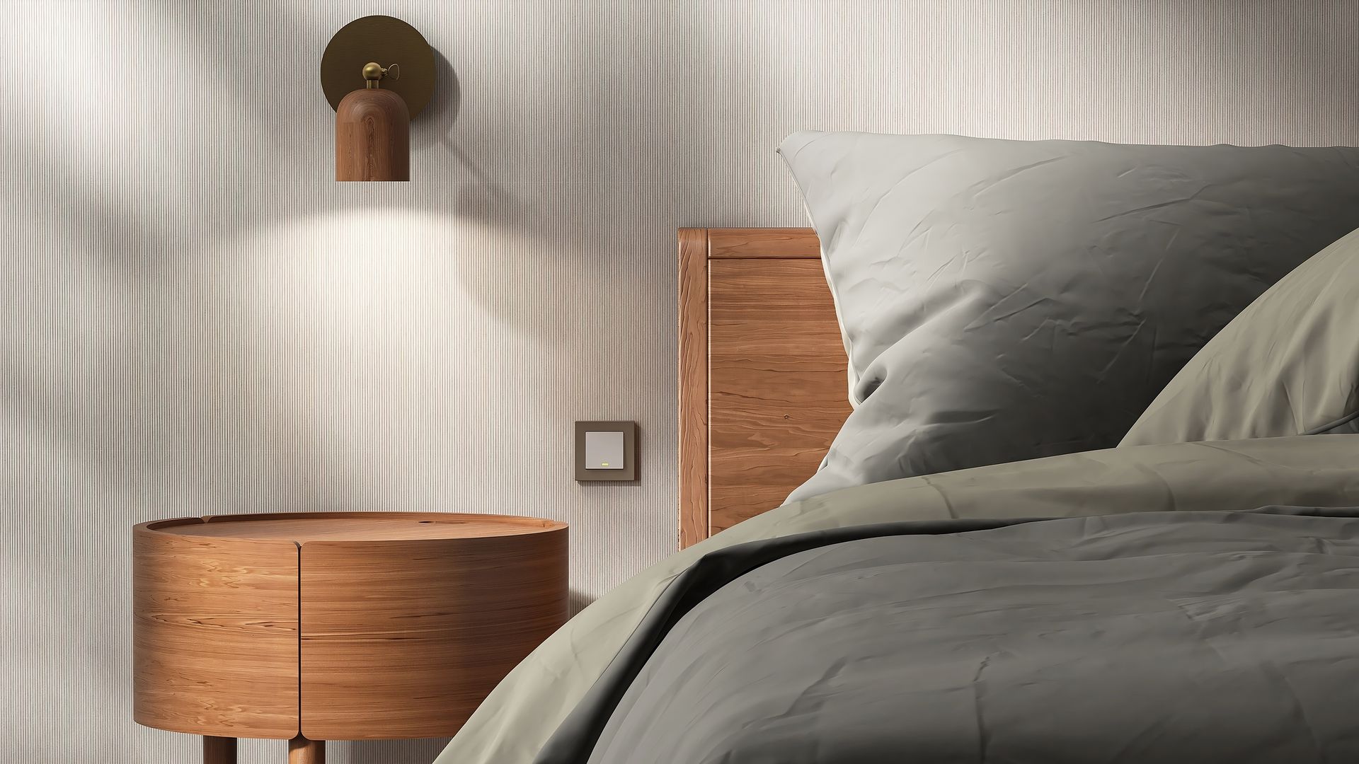 Modern round wooden nightstand and grey bedding set in a minimalist bedroom furniture layout.