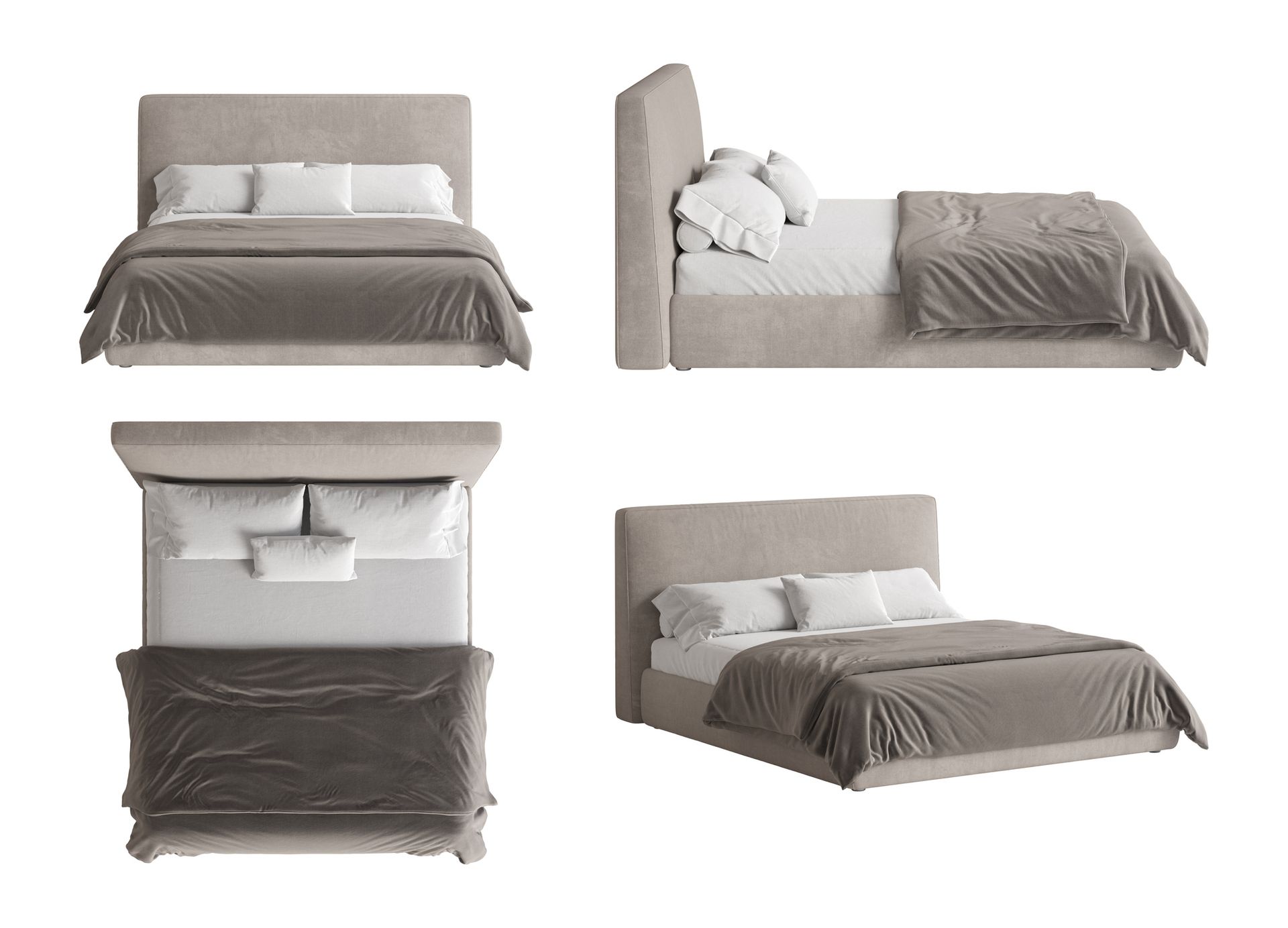 Modern upholstered bed frame with gray bedding and pillows, part of premium mattress sets for sale. Modern upholstered bed frame with gray bedding and pillows, part of premium mattress sets for sale.