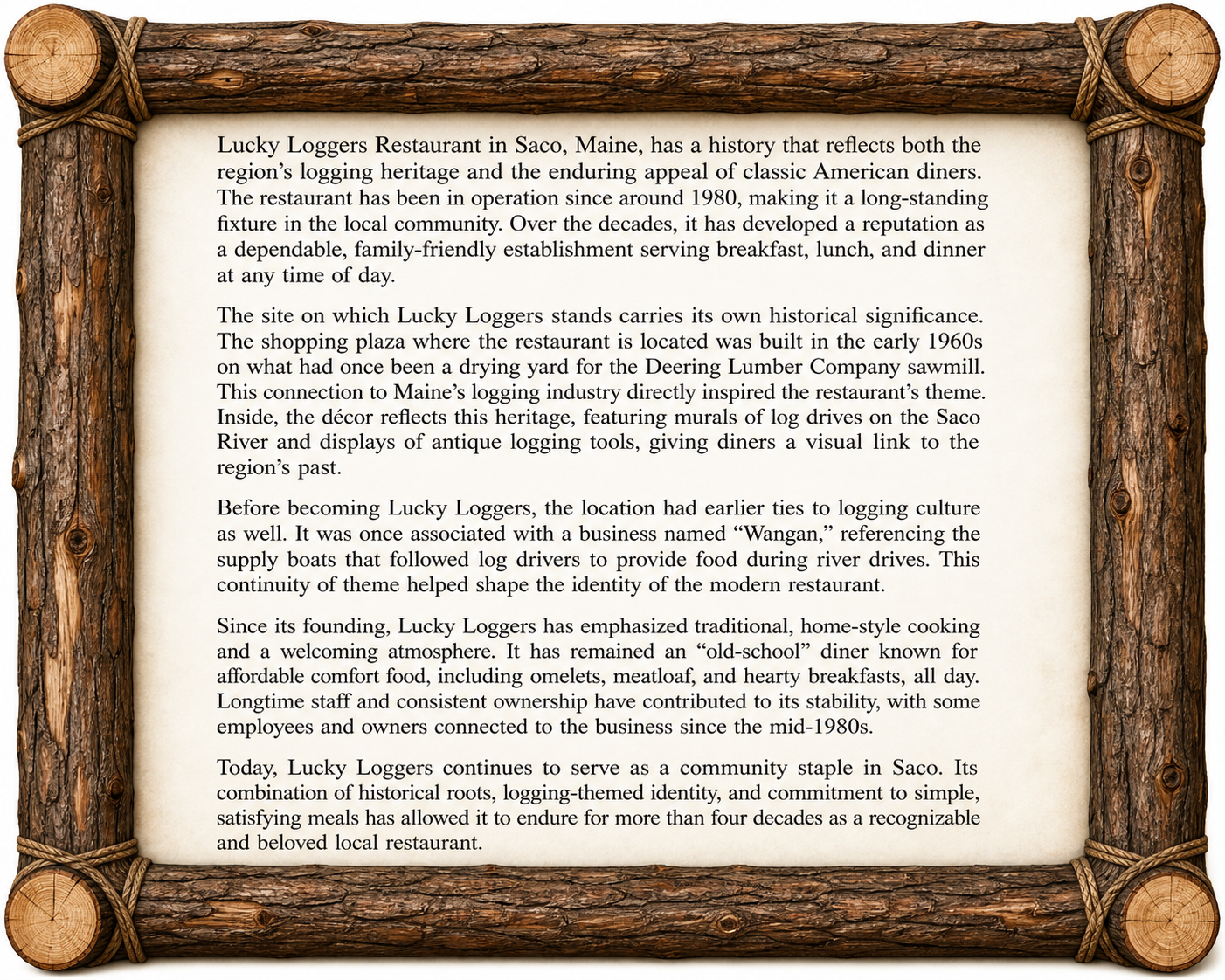 Lucky Loggers Restaurant in Saco, Maine, has a history that reflects both the region’s logging heritage and the enduring appeal of classic American diners. The restaurant has been in operation since around 1980, making it a long-standing fixture in the local community. Over the decades, it has developed a reputation as a dependable, family-friendly establishment serving breakfast, lunch, and dinner at any time of day.
The site on which Lucky Loggers stands carries its own historical significance. The shopping plaza where the restaurant is located was built in the early 1960s on what had once been a drying yard for the Deering Lumber Company sawmill. This connection to Maine’s logging industry directly inspired the restaurant’s theme. Inside, the décor reflects this heritage, featuring murals of log drives on the Saco River and displays of antique logging tools, giving diners a visual link to the region’s past. 
Before becoming Lucky Loggers, the location had earlier ties to logging culture as well. It was once associated with a business named “Wangan,” referencing the supply boats that followed log drivers to provide food during river drives. This continuity of theme helped shape the identity of the modern restaurant.
Since its founding, Lucky Loggers has emphasized traditional, home-style cooking and a welcoming atmosphere. It has remained an “old-school” diner known for affordable comfort food, including omelets, meatloaf, and hearty breakfasts, all day. Longtime staff and consistent ownership have contributed to its stability, with some employees and owners connected to the business since the mid-1980s. 
Today, Lucky Loggers continues to serve as a community staple in Saco. Its combination of historical roots, logging-themed identity, and commitment to simple, satisfying meals has allowed it to endure for more than four decades as a recognizable and beloved local restaurant.