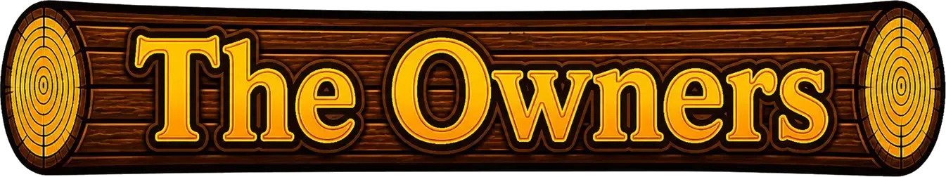 Wooden sign reading “The Owners” in gold letters on a dark brown background.