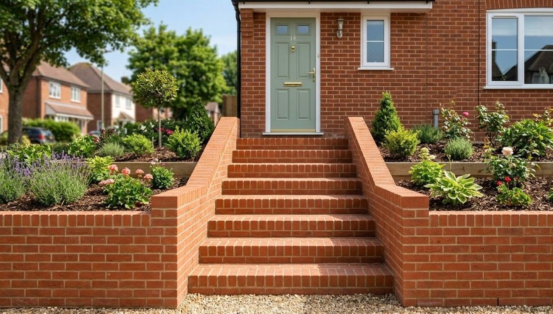 Newly built brick steps and retaining walls at the front of a residential property in Rotherham