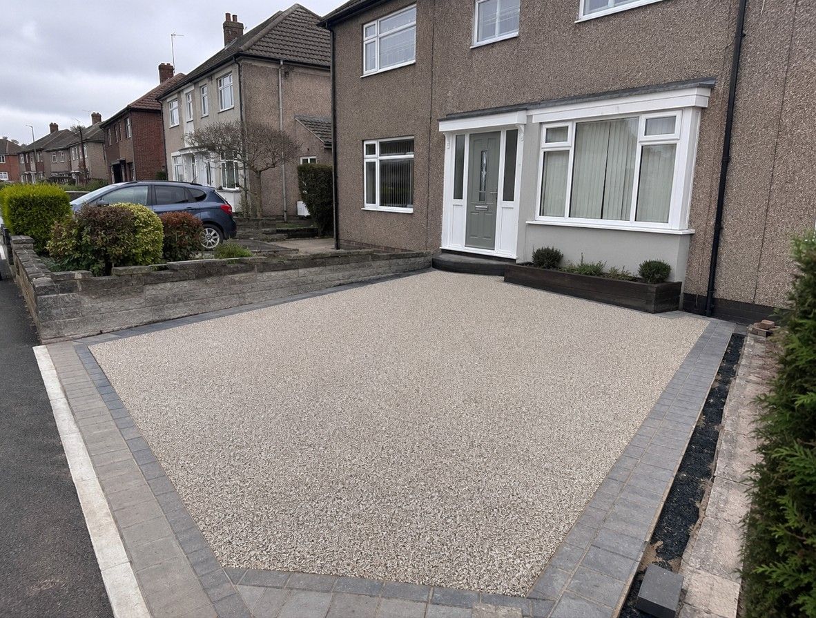Newly completed resin bound driveway installed at a semi-detached property in Dinnington, South Yorkshire