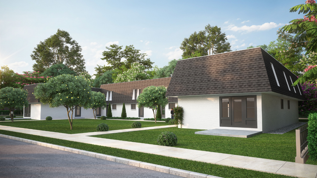 Row of white houses with brown roofs and green lawns.