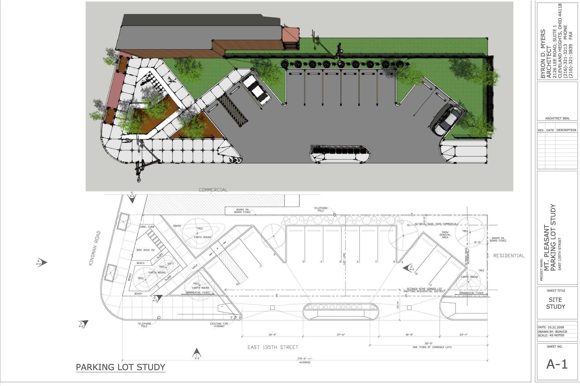 Top-down view of a parking lot design with cars, building, landscaping, and architectural plans.
