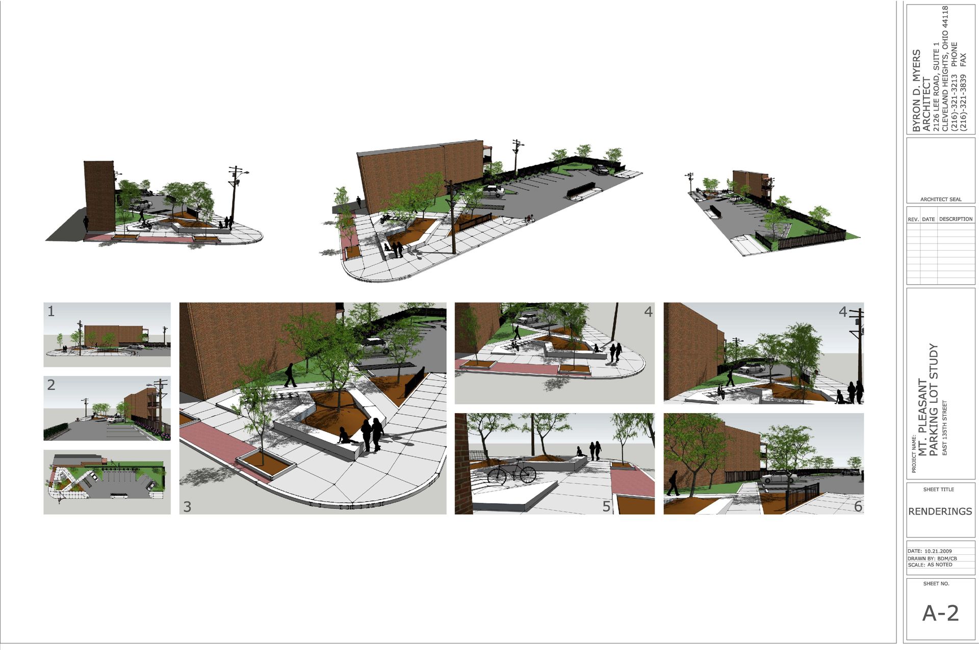 Architectural renderings of a public space with trees, benches, and walkways, rendered in various perspectives.