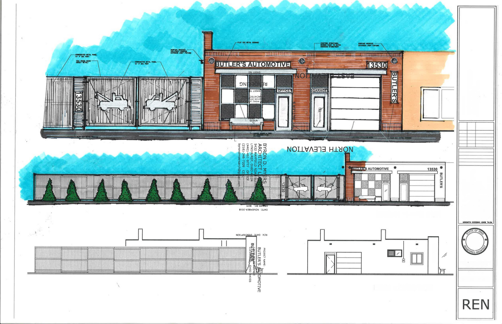 Architectural renderings of buildings with storefronts; drawn in ink with light blue accents, and a checkerboard design.