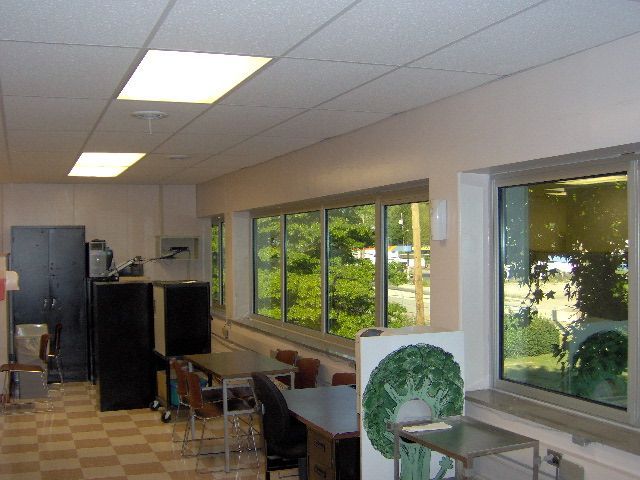 Interior view of a room with windows overlooking greenery, fluorescent lighting, tables, and dark cabinets.