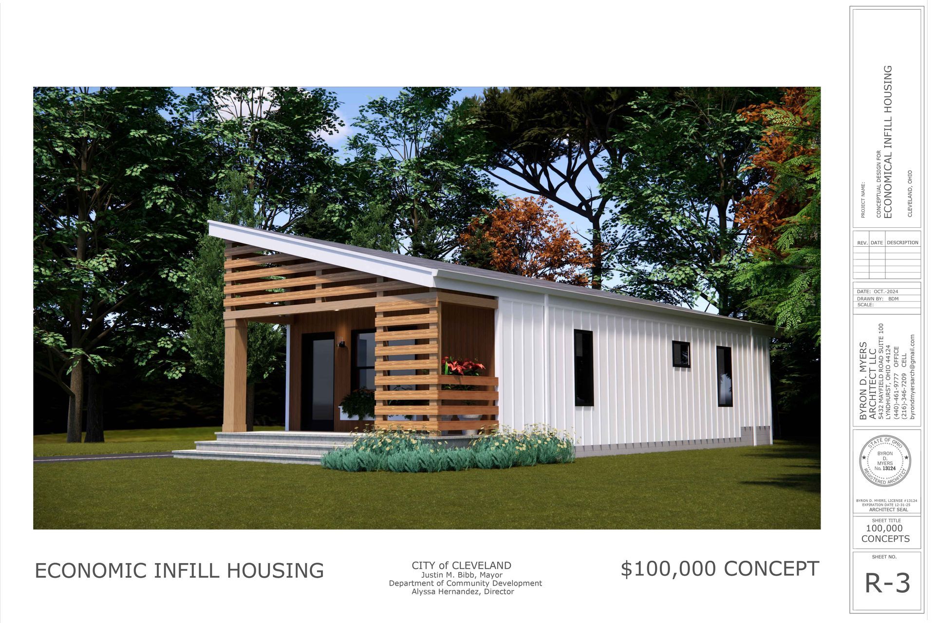 A drawing of a small white house with trees in the background