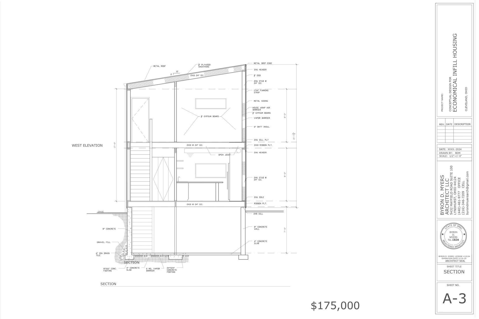 A black and white drawing of a house with a price tag of $ 175,000.