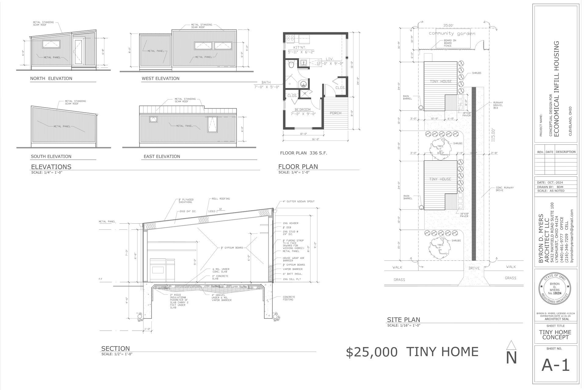 A black and white drawing of a $ 25,000 tiny home