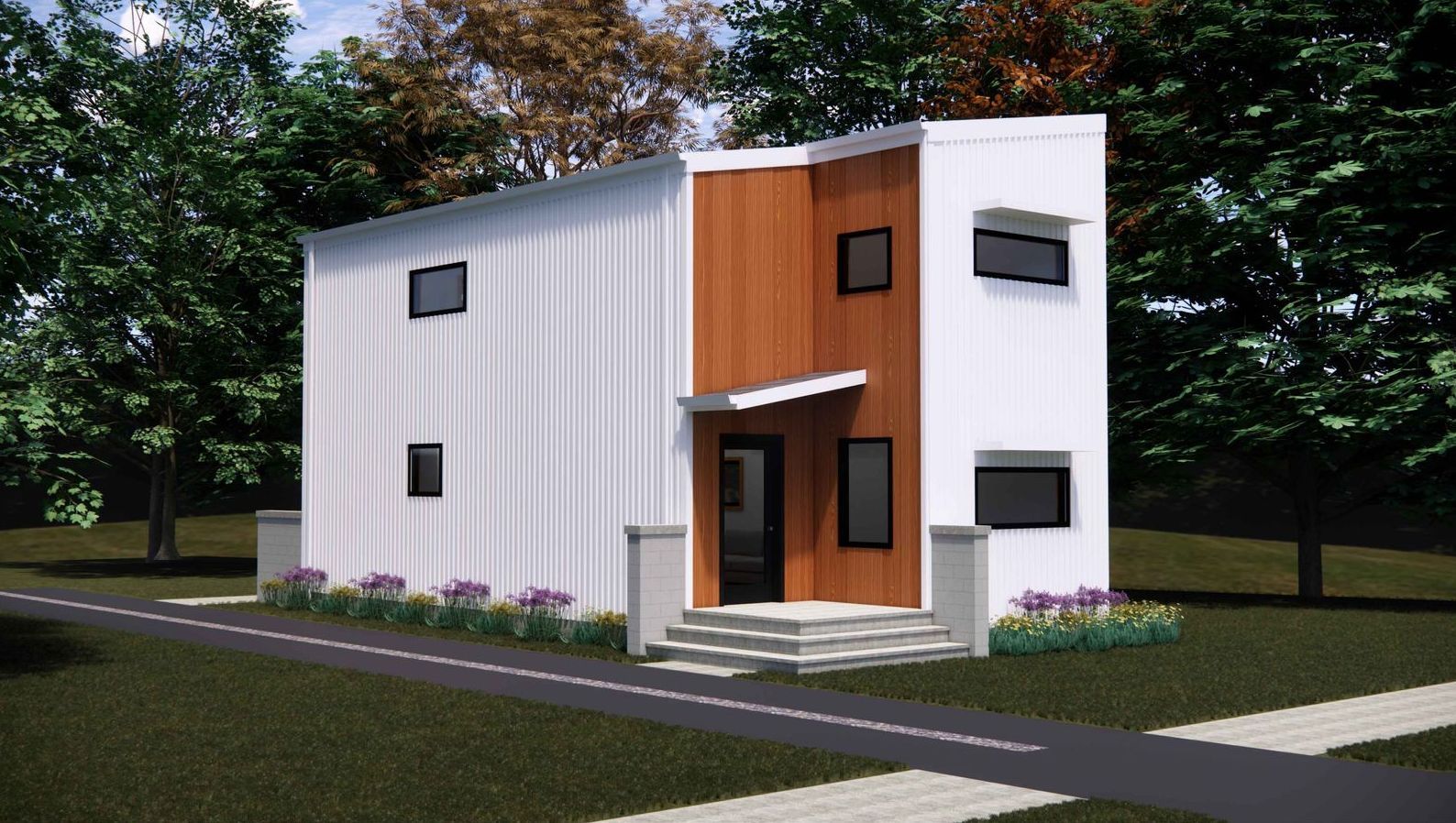 An artist 's impression of a white and orange house with trees in the background.