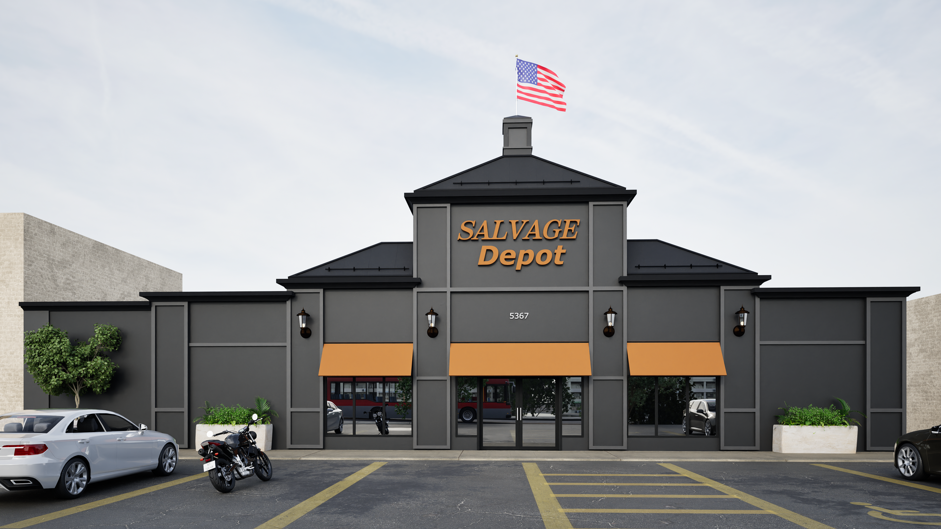 A motorcycle is parked in front of a building that says salvage depot