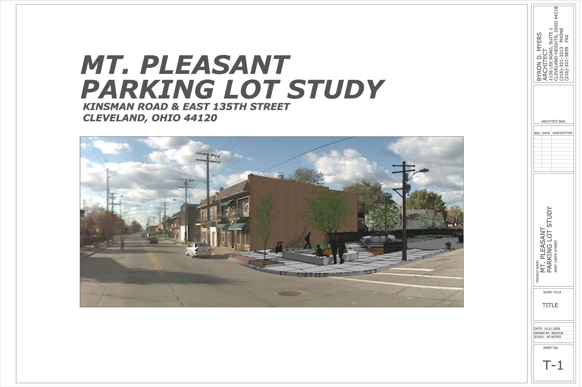 MT. Pleasant parking lot study at Kinsman Road & East 135th Street. Rendering shows a corner building and street view.