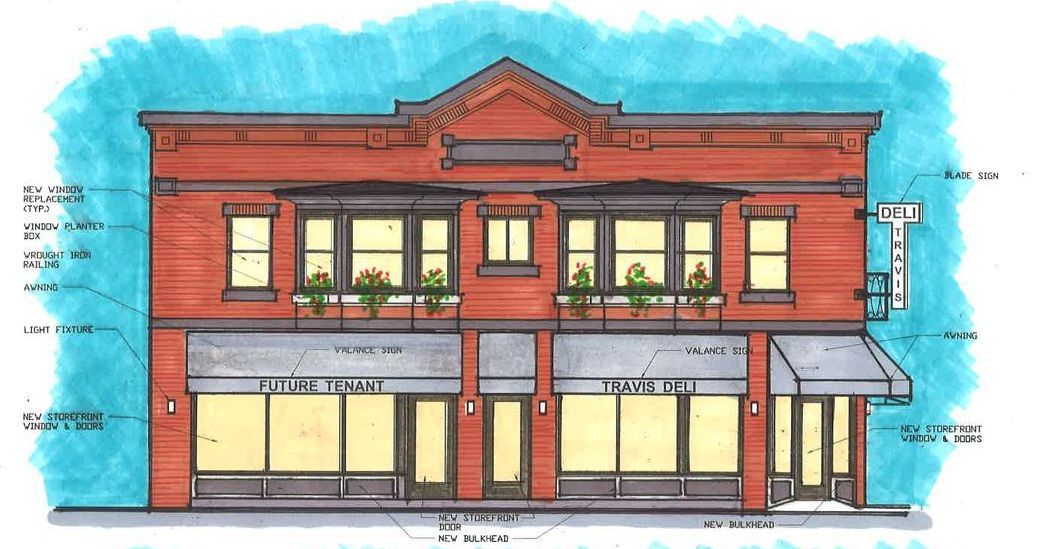 A drawing of a brick building with a lot of windows