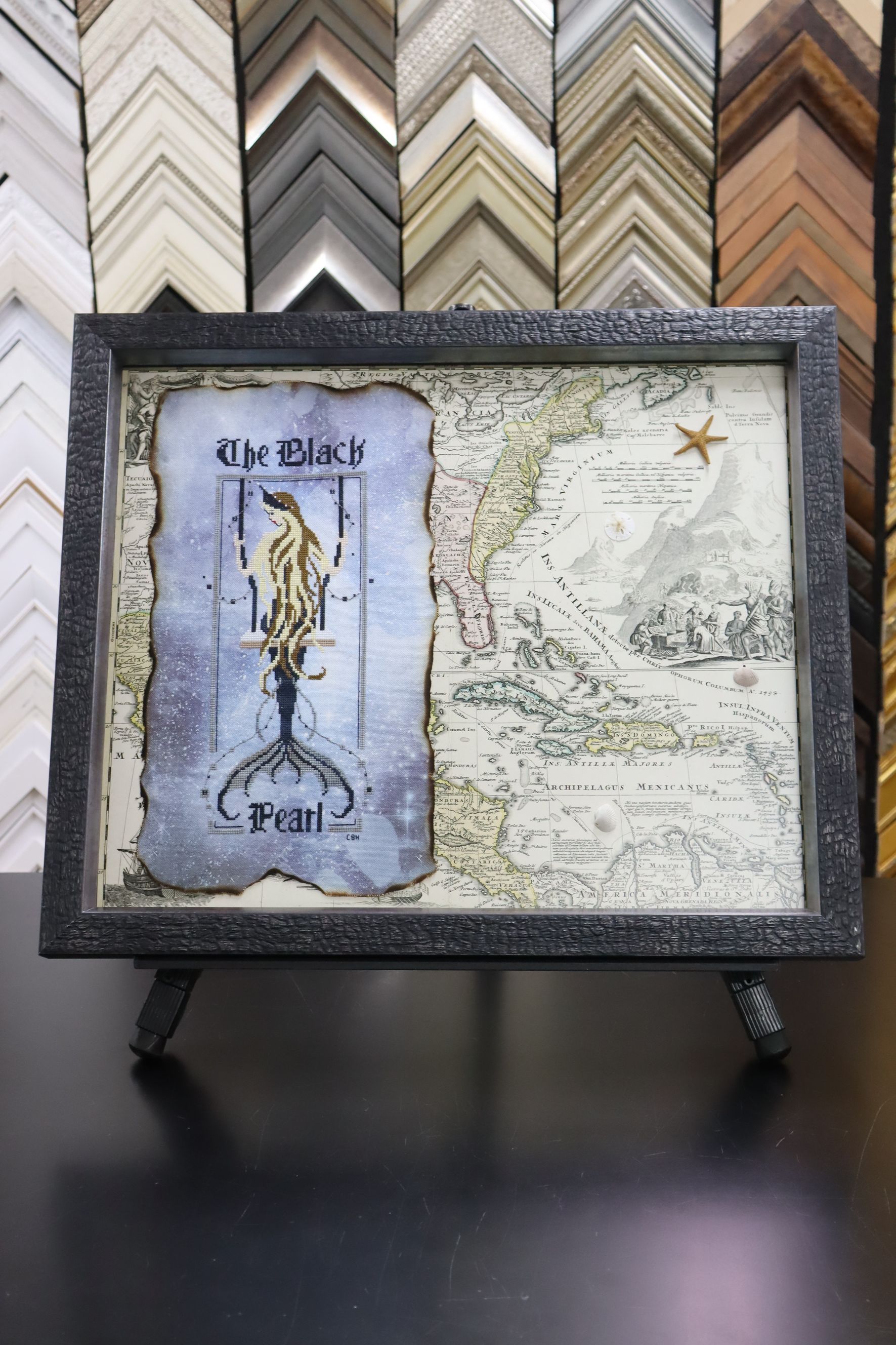 A framed piece featuring 