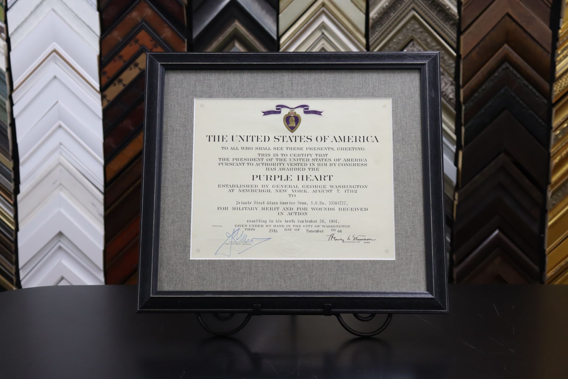 A framed United States document resting on a stand in front of a wall lined with various picture frame samples.