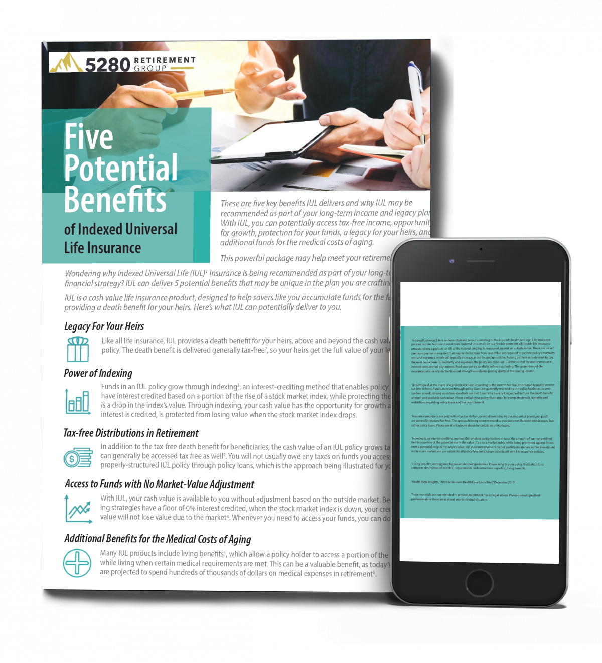 A brochure about five potential benefits of advanced life insurance is next to a cell phone.