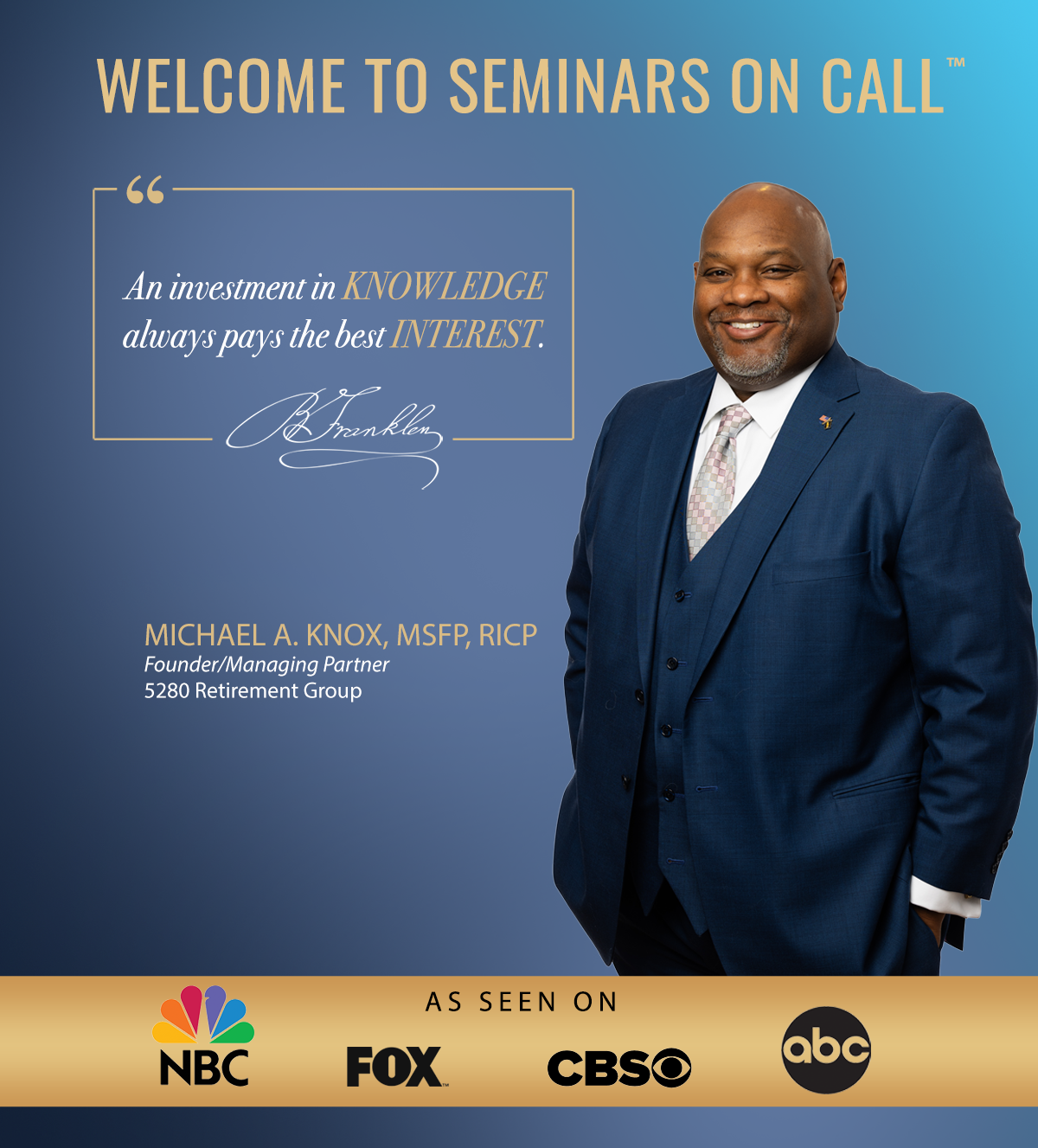 A man in a suit and tie is standing in front of a sign that says welcome to seminars on call